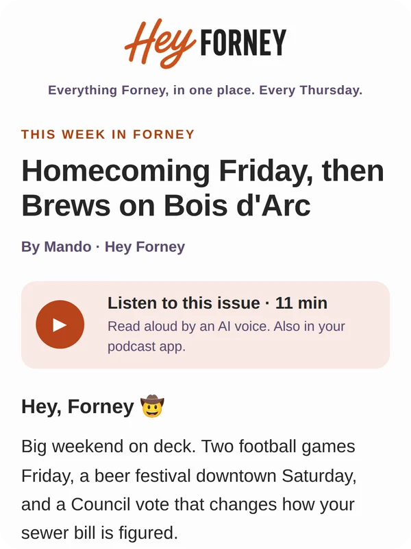The Hey Forney Thursday email on a phone: this week's headline, a Listen button and Forney in 20 seconds