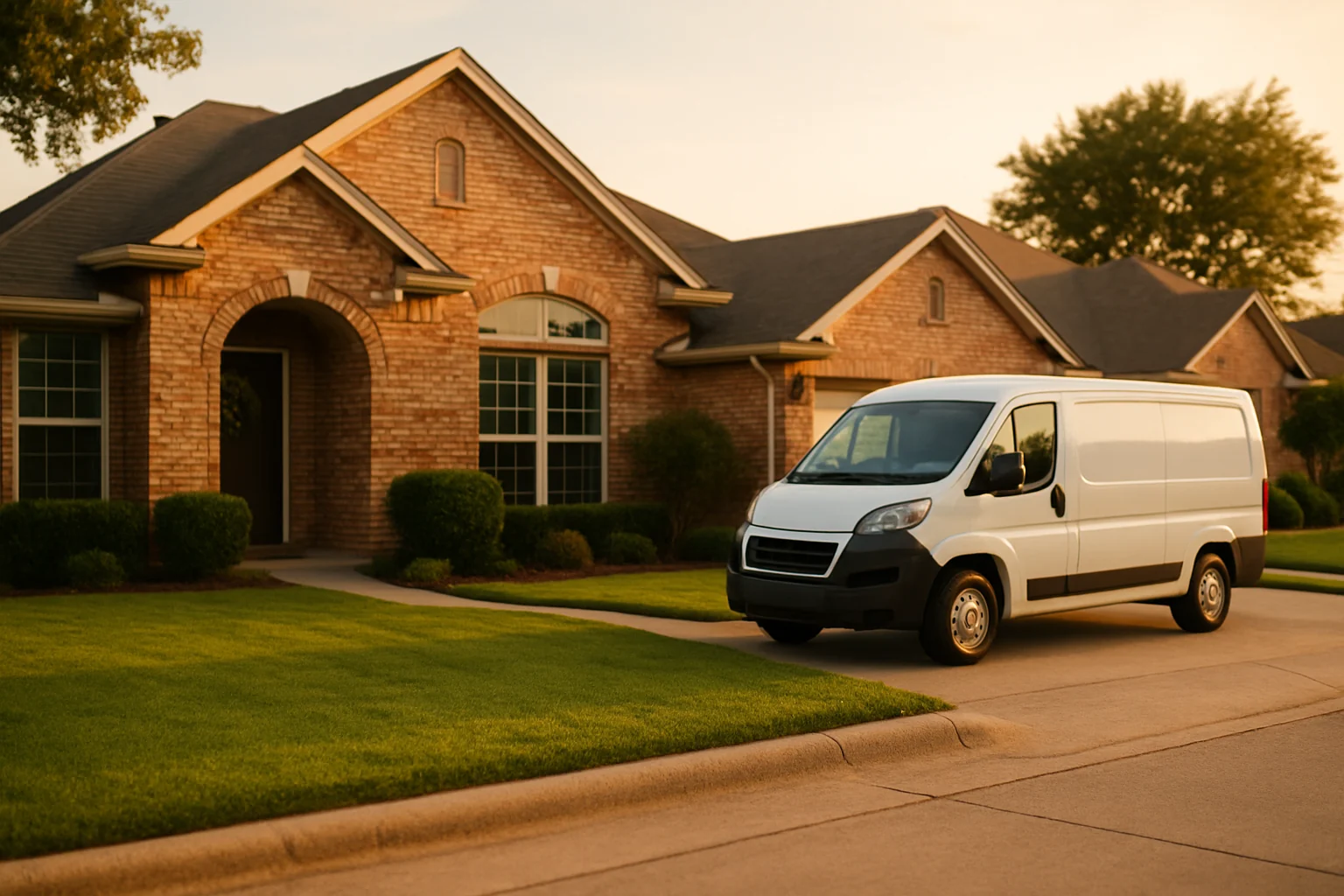 A local service van in the driveway of a Forney home at golden hour