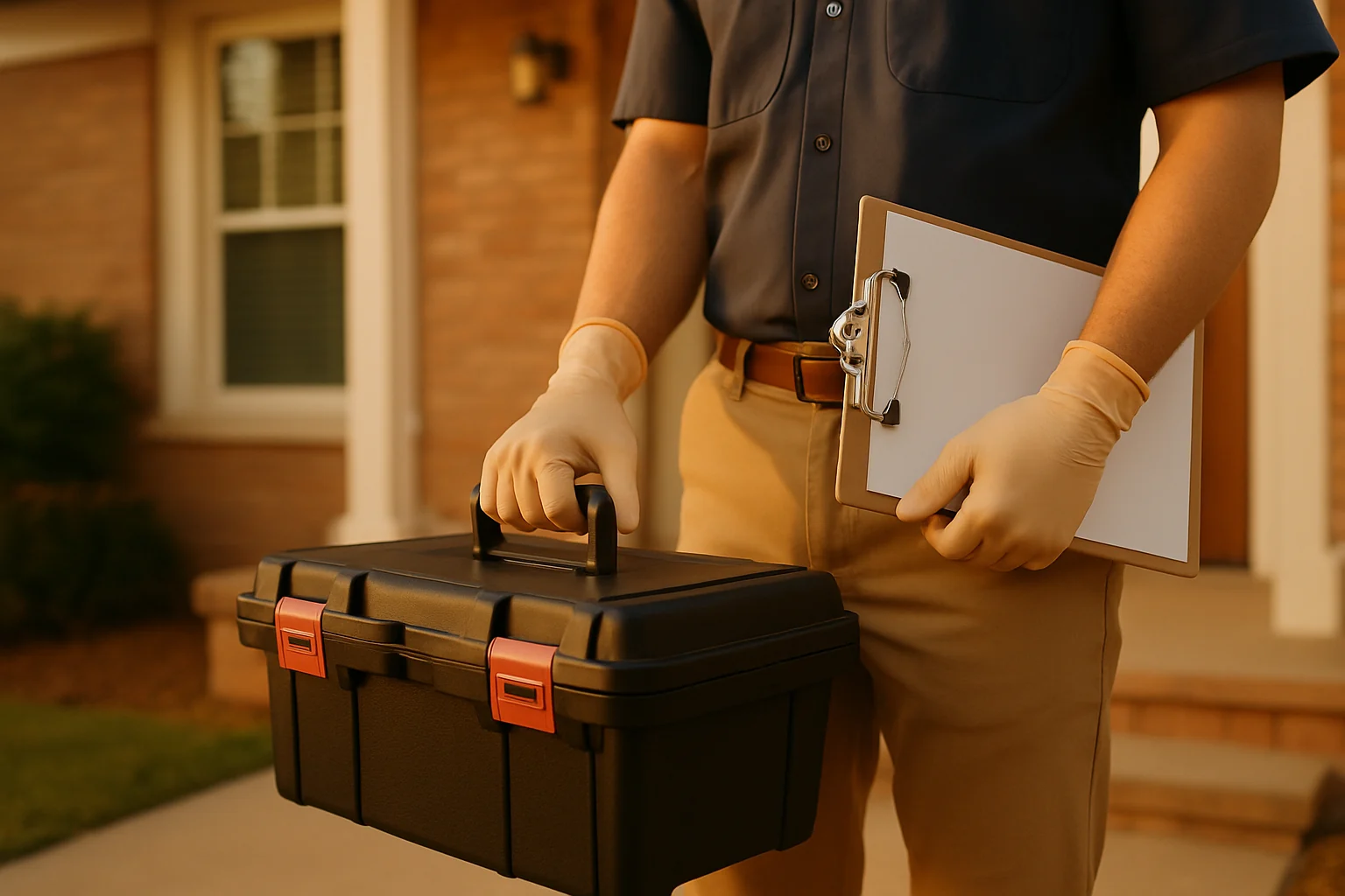 A uniformed local pro with a toolbox and clipboard on a Forney front porch