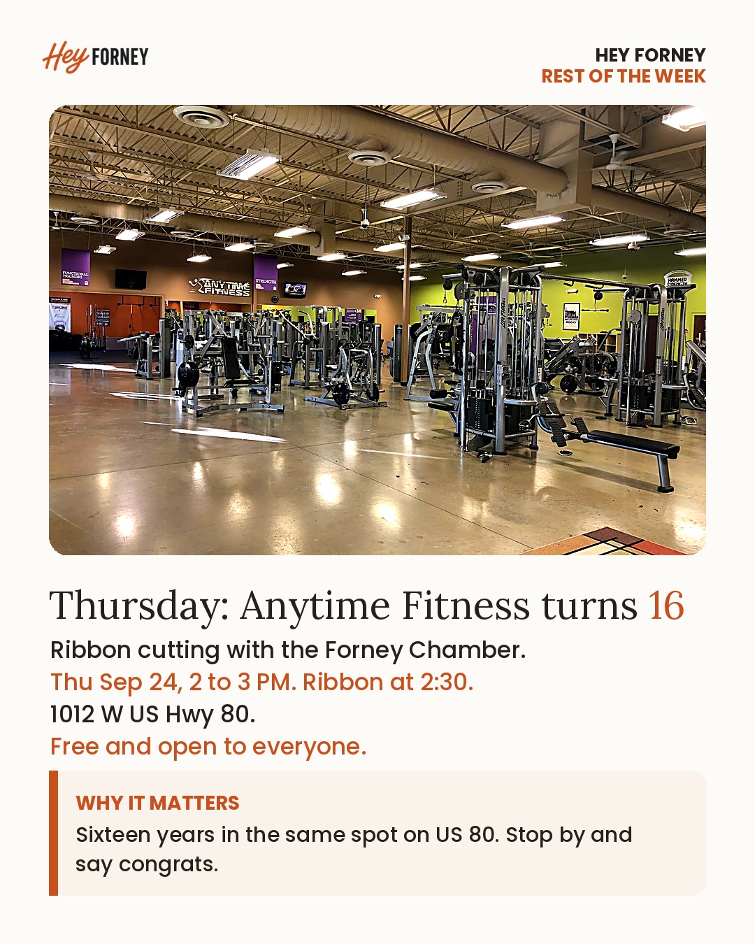 Hey Forney post about Anytime Fitness's 16th anniversary